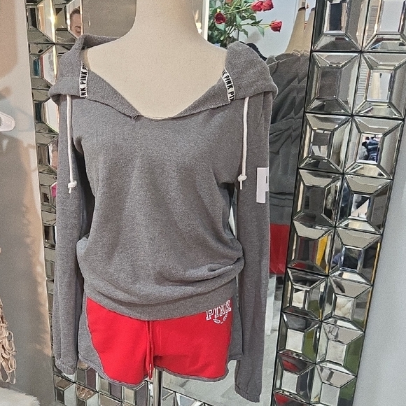 PINK Victoria's Secret Tops - PINK Victoria's Secret Gray Hoodie Sweatshirt And Matching Shorts
